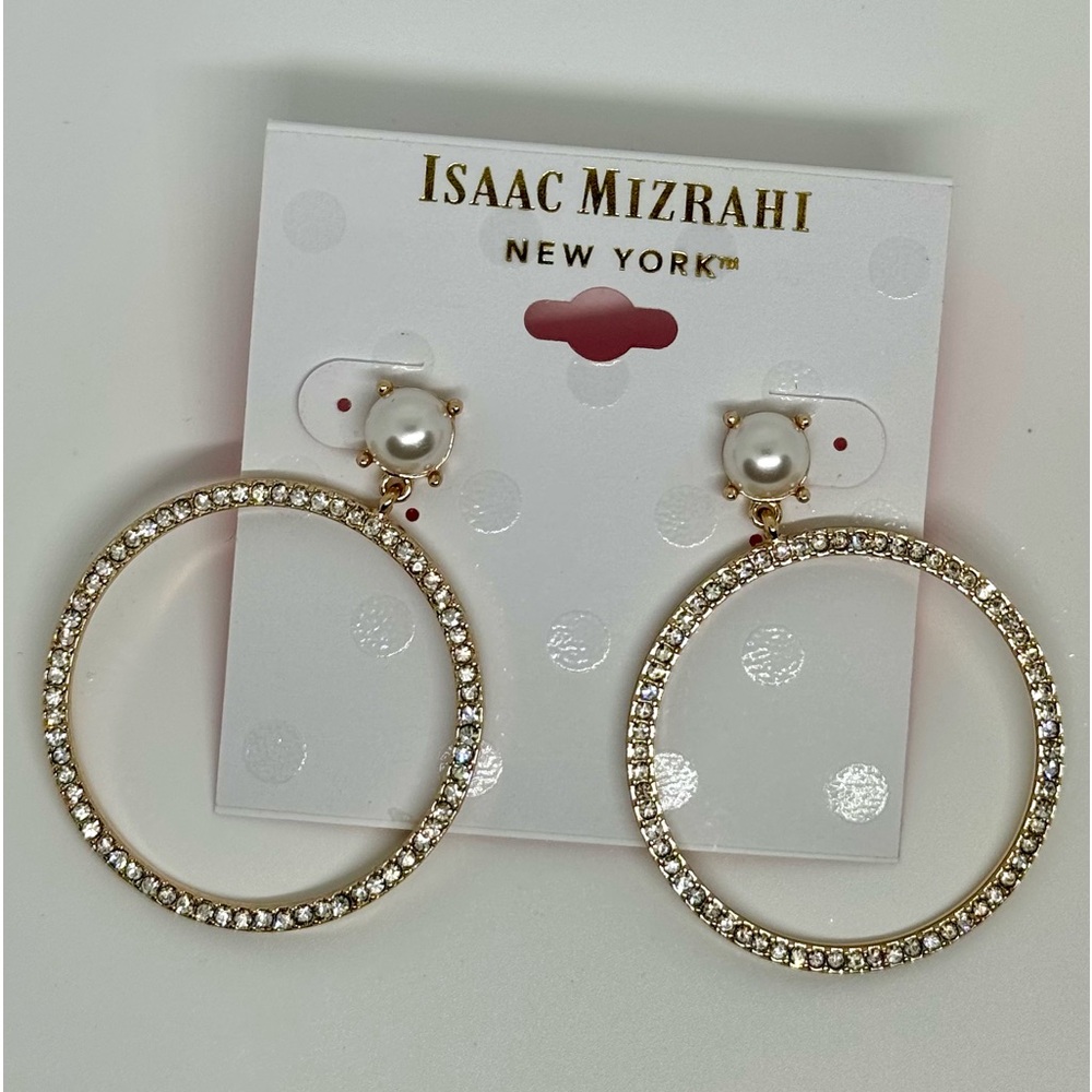 ISAAC MIZRAHI Gold Tone Crystal Pearl Post Hoop Earrings 2 in approx